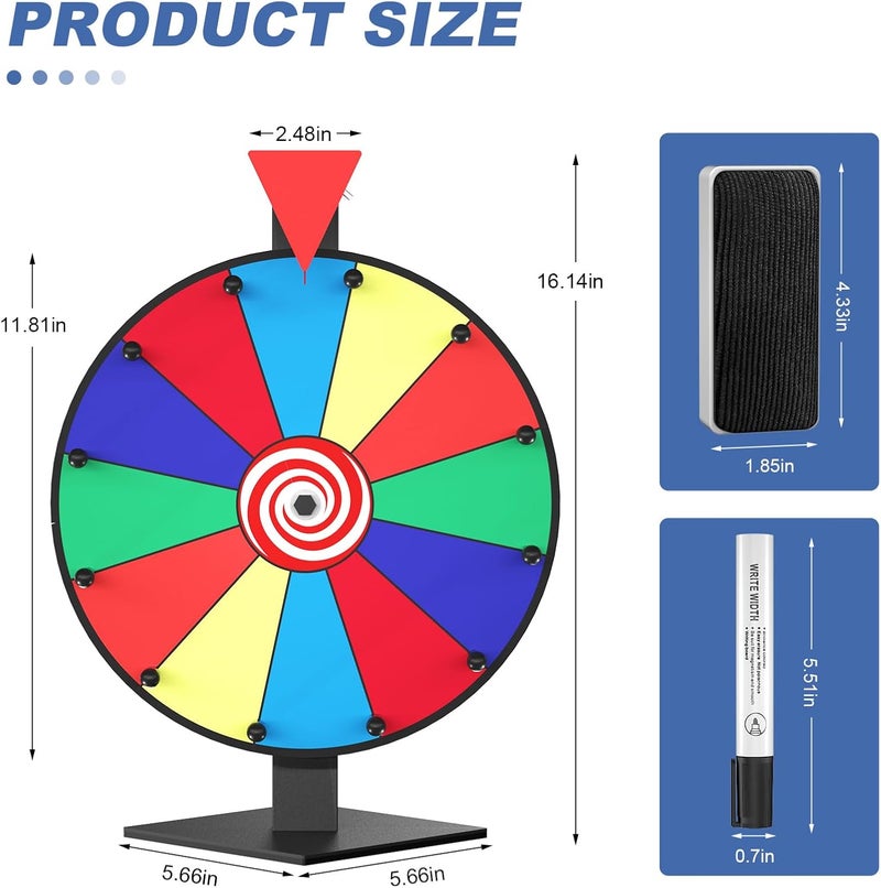 Retbtnm 12 Inch Prize Wheel, 12 Slots Color Spinning Wheel with Diamond Base, Heavy Duty Tabletop Spinner Wheel Includes Dry Erase Marker & Eraser for Parties, Rewards & Classroom Activities - Image 2